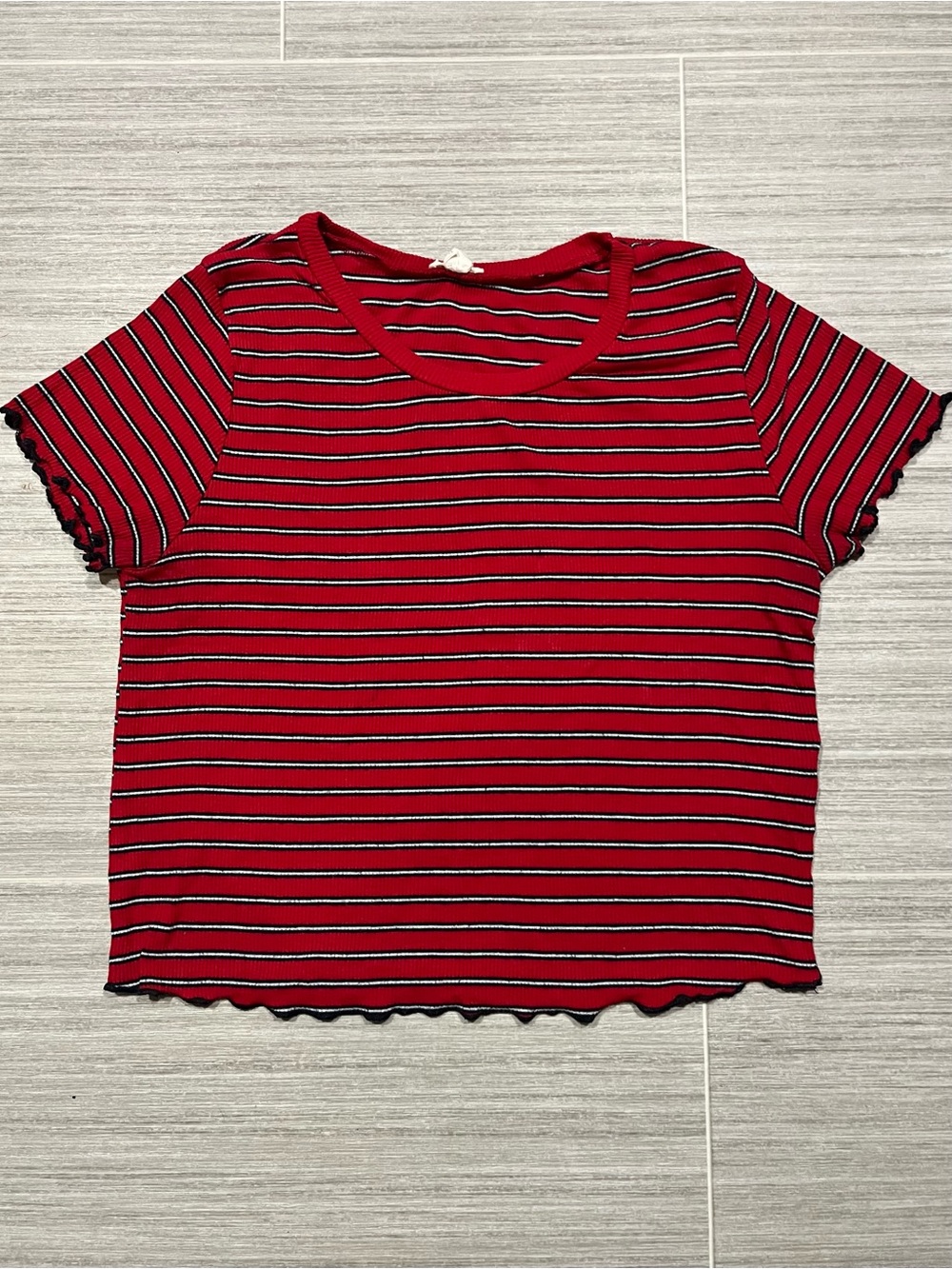 Garage Striped Cropped Short Sleeve Tee - Red, White, Black